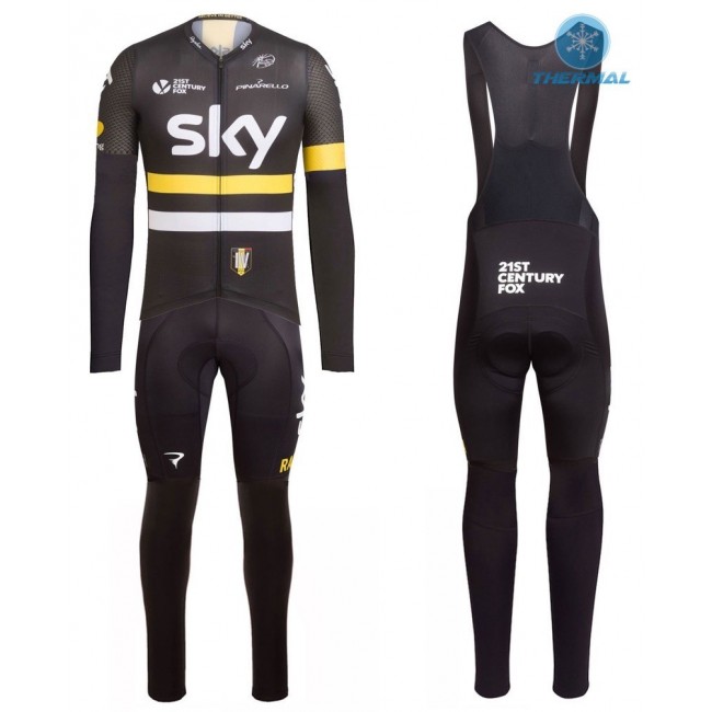 2016 Team Sky IV Schwarz-Gelb thermisch Fahrradbekleidung Satz Radtrikot Langarm+Lang Trägerhose OZYT357